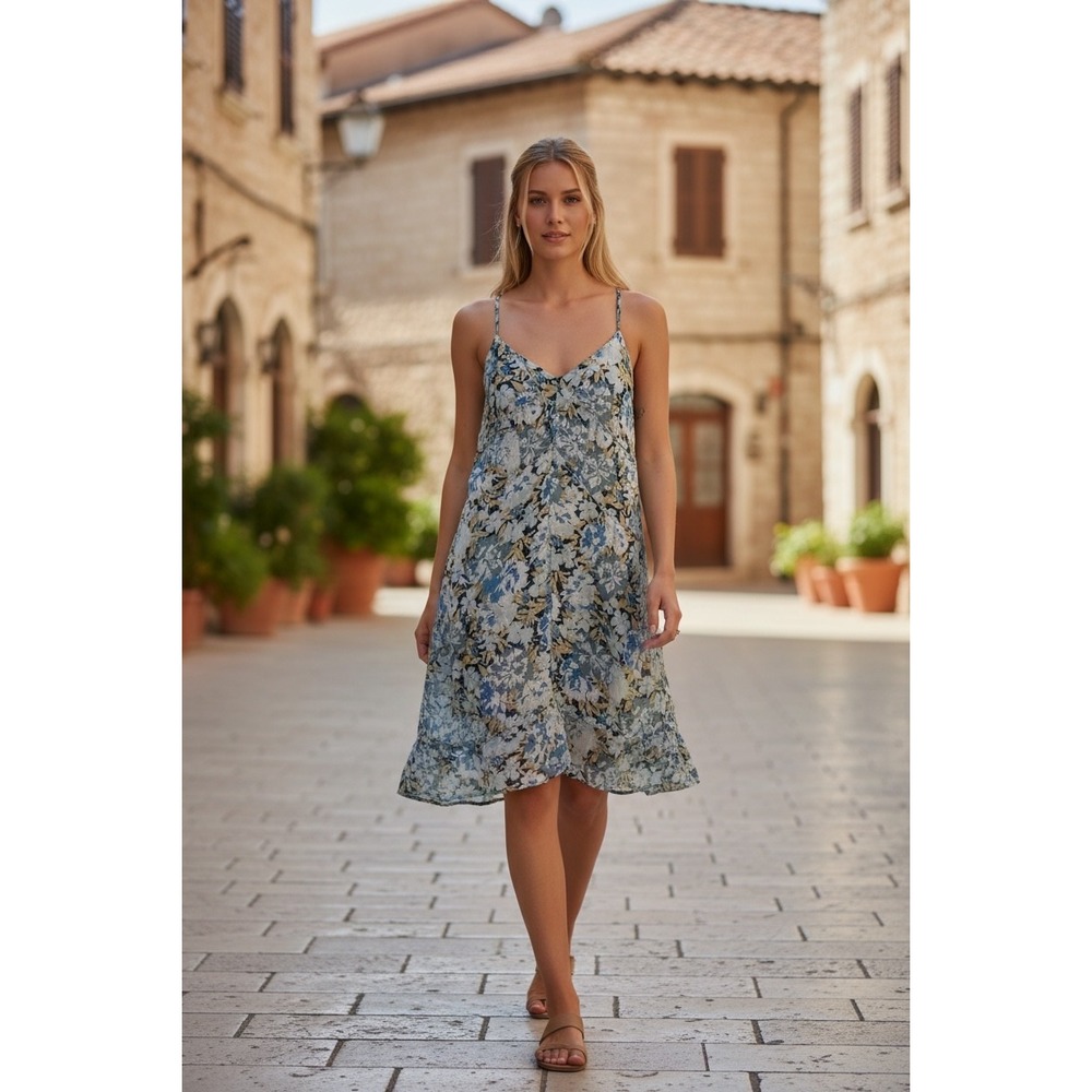 Eliot Women Blue Floral 100% Silk Mini Dress‎ Ruffle Hem Size 0